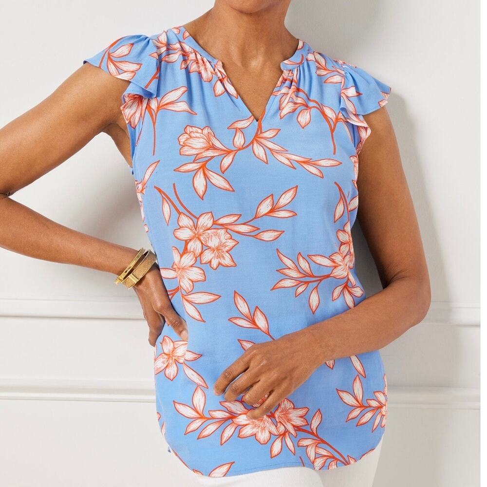 NWT Talbots Petite Flutter Sleeve Top in Flowing Hibiscus Floral Blouse Size PM